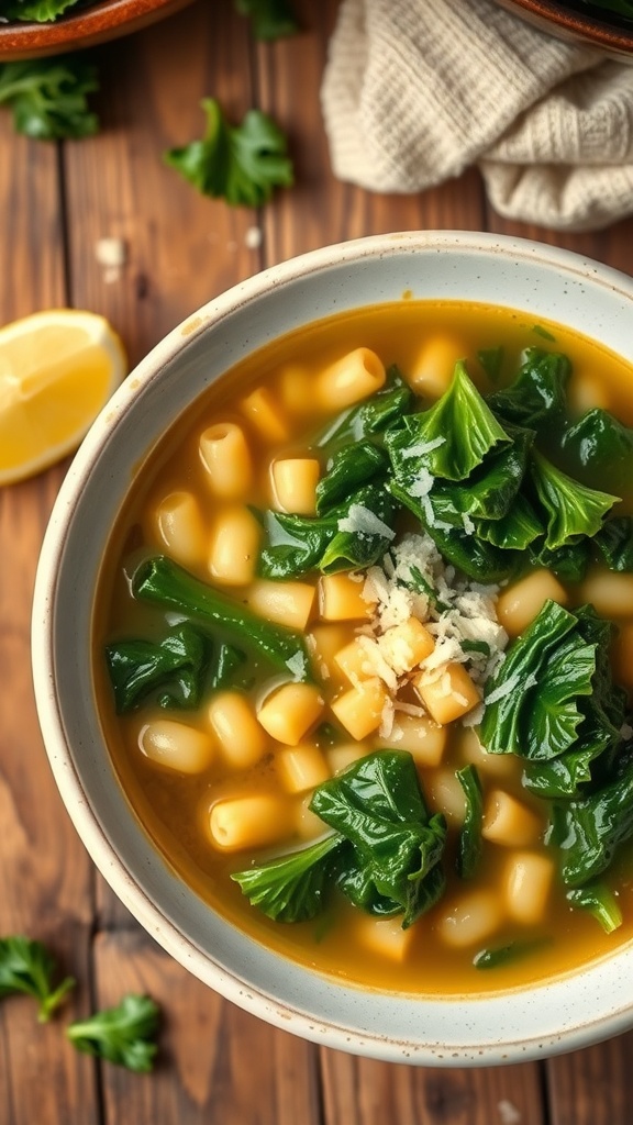 A bowl of kale and orzo soup with green kale and pasta in broth, garnished with Parmesan cheese and lemon.